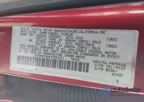 2003 Toyota Tacoma Base V6 из США, поврежденный, VIN 5TEHN72N43Z201071